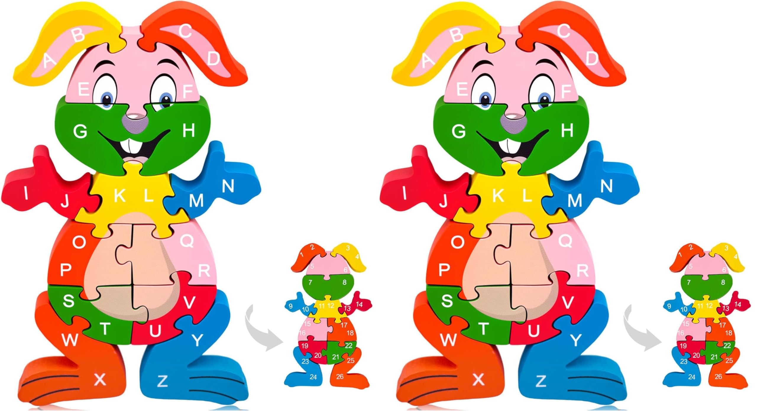 LovesTown Wooden Puzzles for Kids, Double Sided Rabbit Jigsaw with Alphabet &amp; Numbers, Montessori Educational Toy for Toddlers, Chunky Animal Gift (Pack of 2)