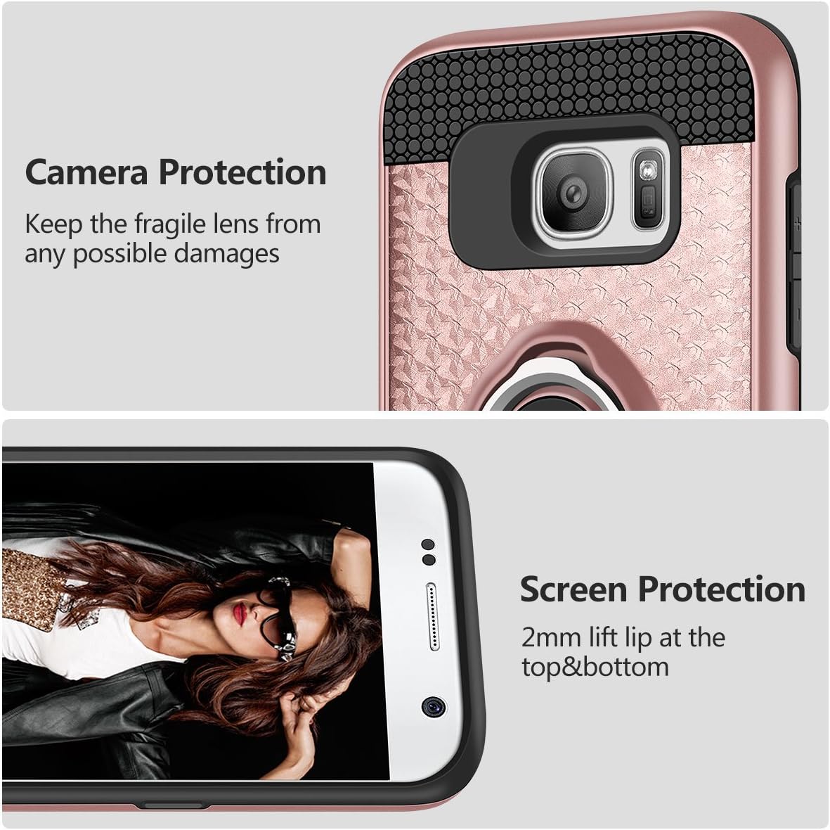 Vofolen Case for Galaxy S7 Case Ring Holder Kickstand Rotational Stand Clip Holster Hybrid Shield Heavy Duty Armor Dual Layer Protective Hard Shell TPU Bumper Cover for Samsung Galaxy S7 Rose Gold