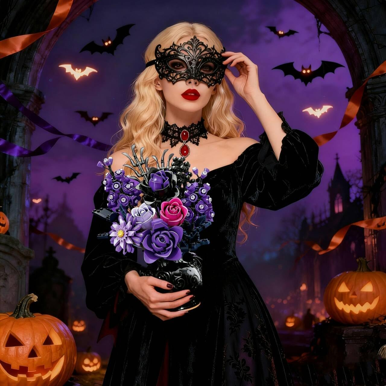 Purple Roses Bouquet Building Set, 882PCS Compatible with Lego Artificial Flower Everlasting Gothic Roses for Home Décor, Gift for Halloween Romantic Valentine’s Day, Mother’s Day, Anniversary