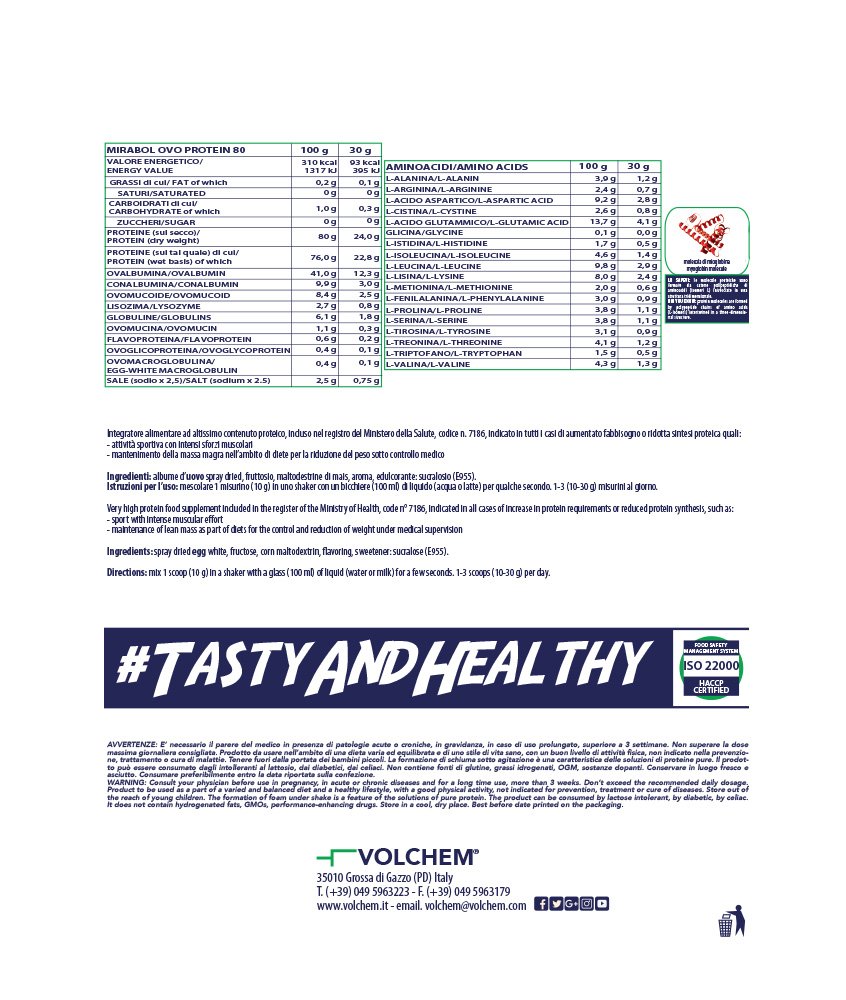 Volchem Mirabol Ovo Protein 80, Integratore Alimentare con Proteine dell'Uovo, 80% Purezza, 19% Aminoacidi Ramificati, Senza Lattosio e Conservanti, Busta con Polvere Solubile, Gusto Crema, 500 g