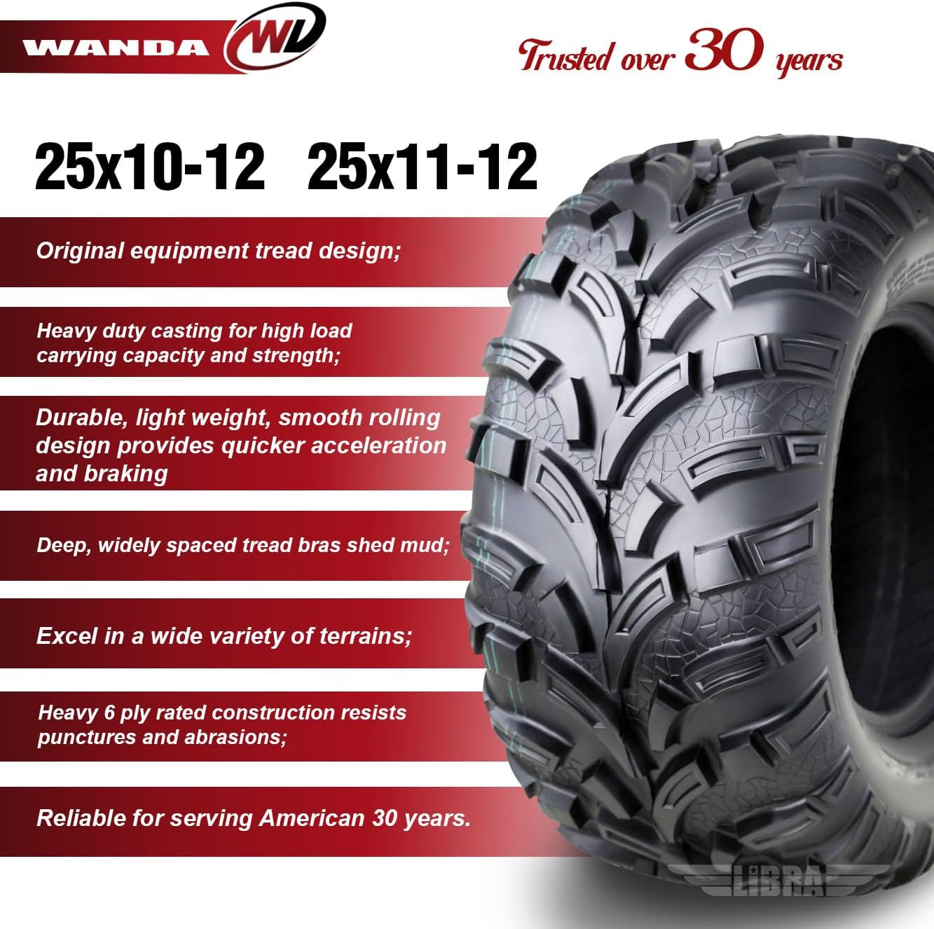 WANDA 25x10-12 & 25x11-12 High Load ATV Tires for 05-14 Kubota RTV 900/1100