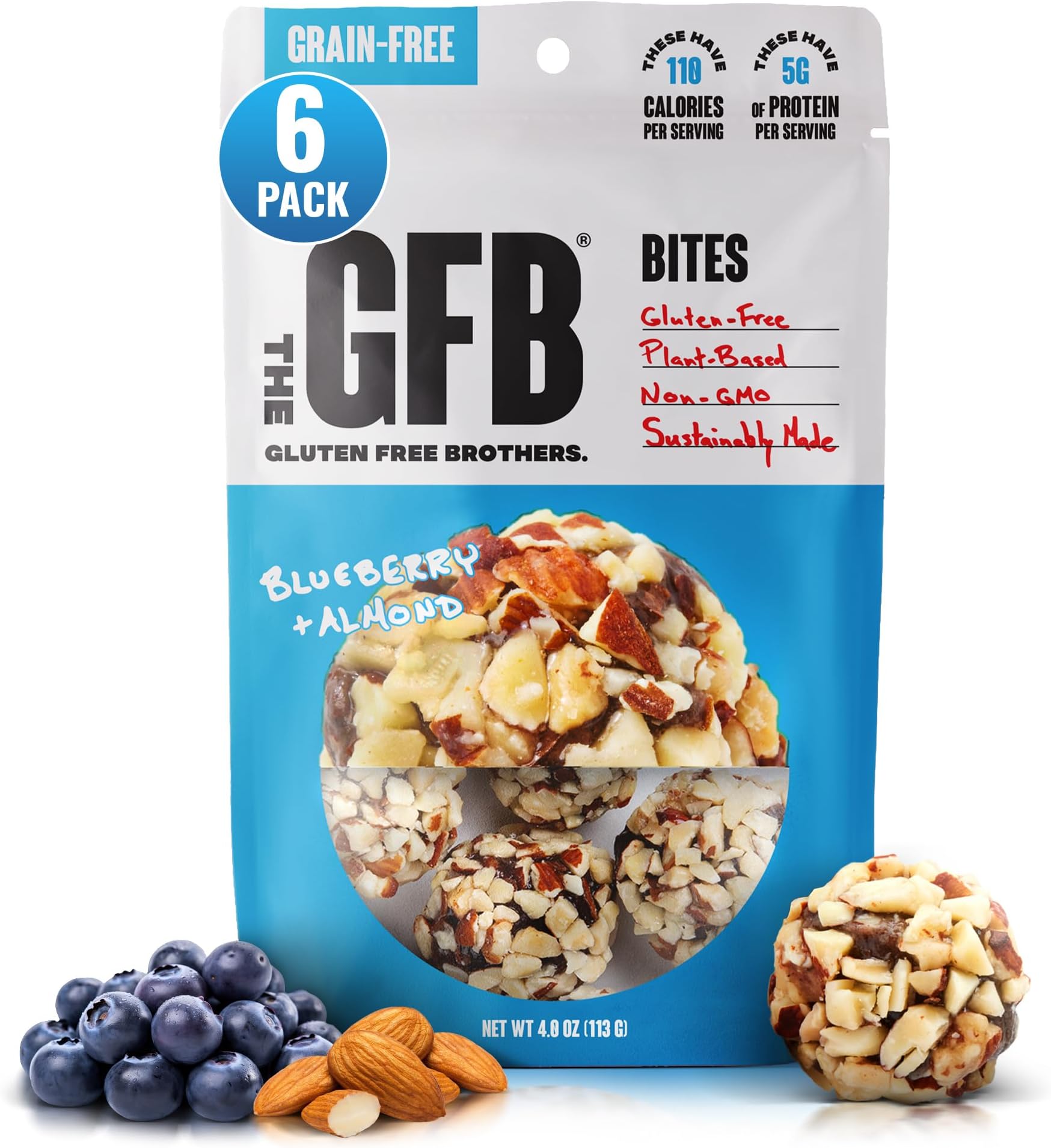 The Gluten Free Brothers Grain Free Blueberry Almond Bites โ Grain Free Protein Balls โ Non GMO, Soy Free, Vegan โ Paleo Friendly Snack Size Plant Based Protein Energy Balls, 4 Oz (6 Count)