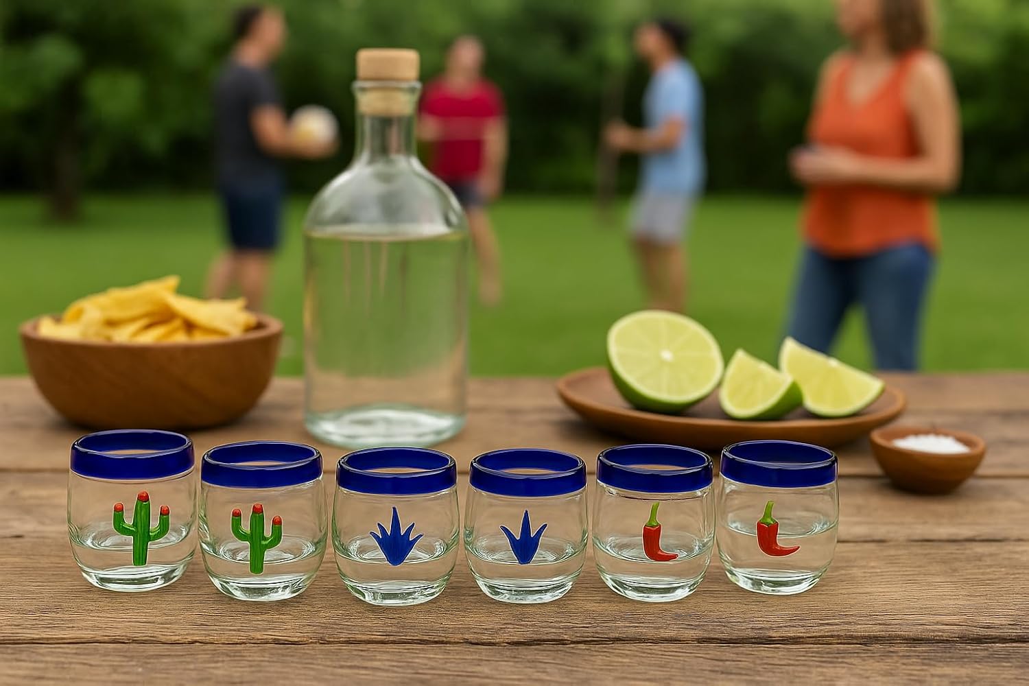 Corazón Bonito Handblown Tequila Shot Glass with Blue Cobalt Rim, Hand-Crafted Mexican Design Cactus, Agave and Chile, Set of 6 (2 oz each)