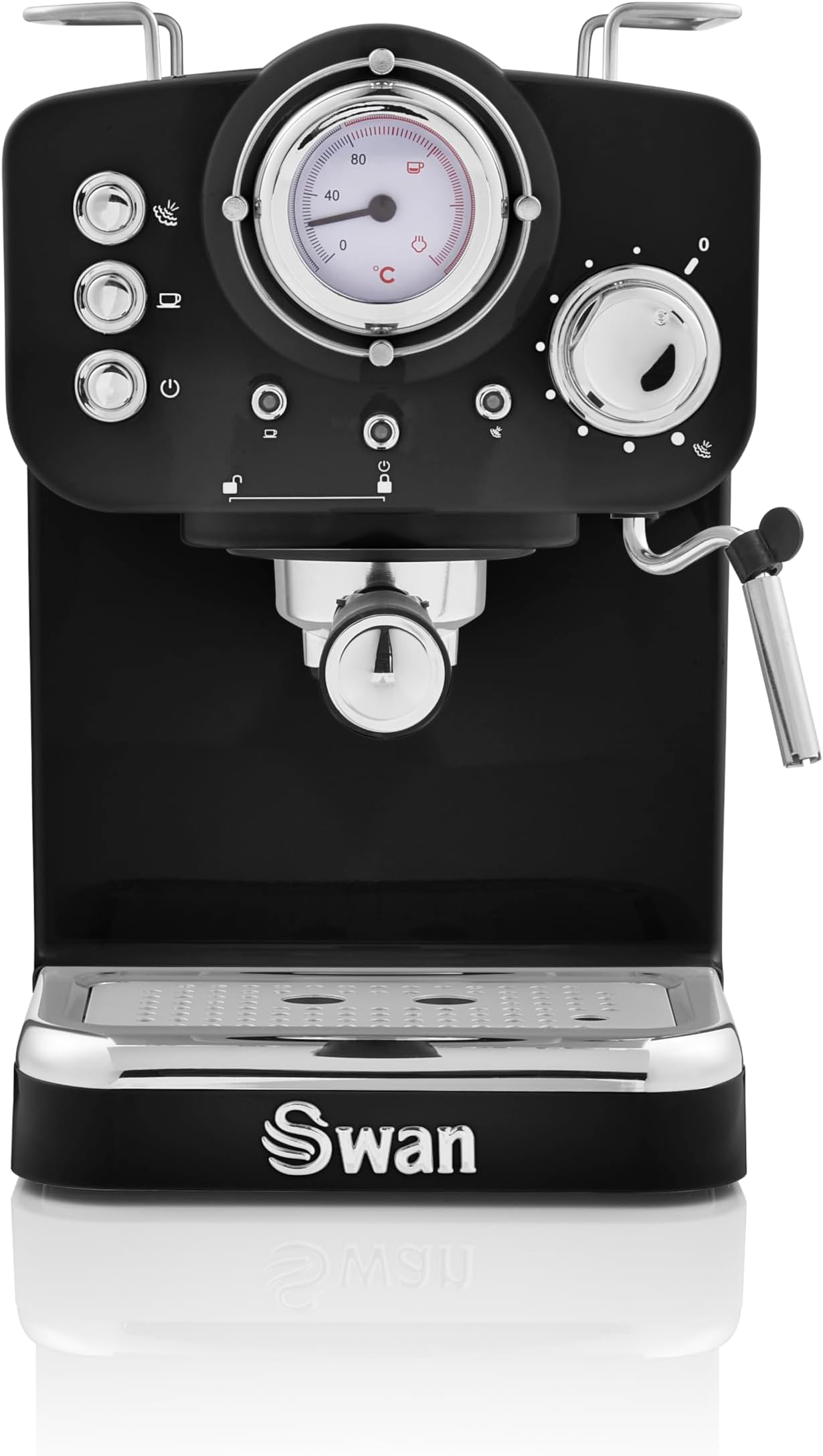 Swan SK22110BN Retro Espresso Coffee Machine with Milk Frother, Steam Pressure Control, 1.2L Detachable Water Tank, 1100W, Retro Black