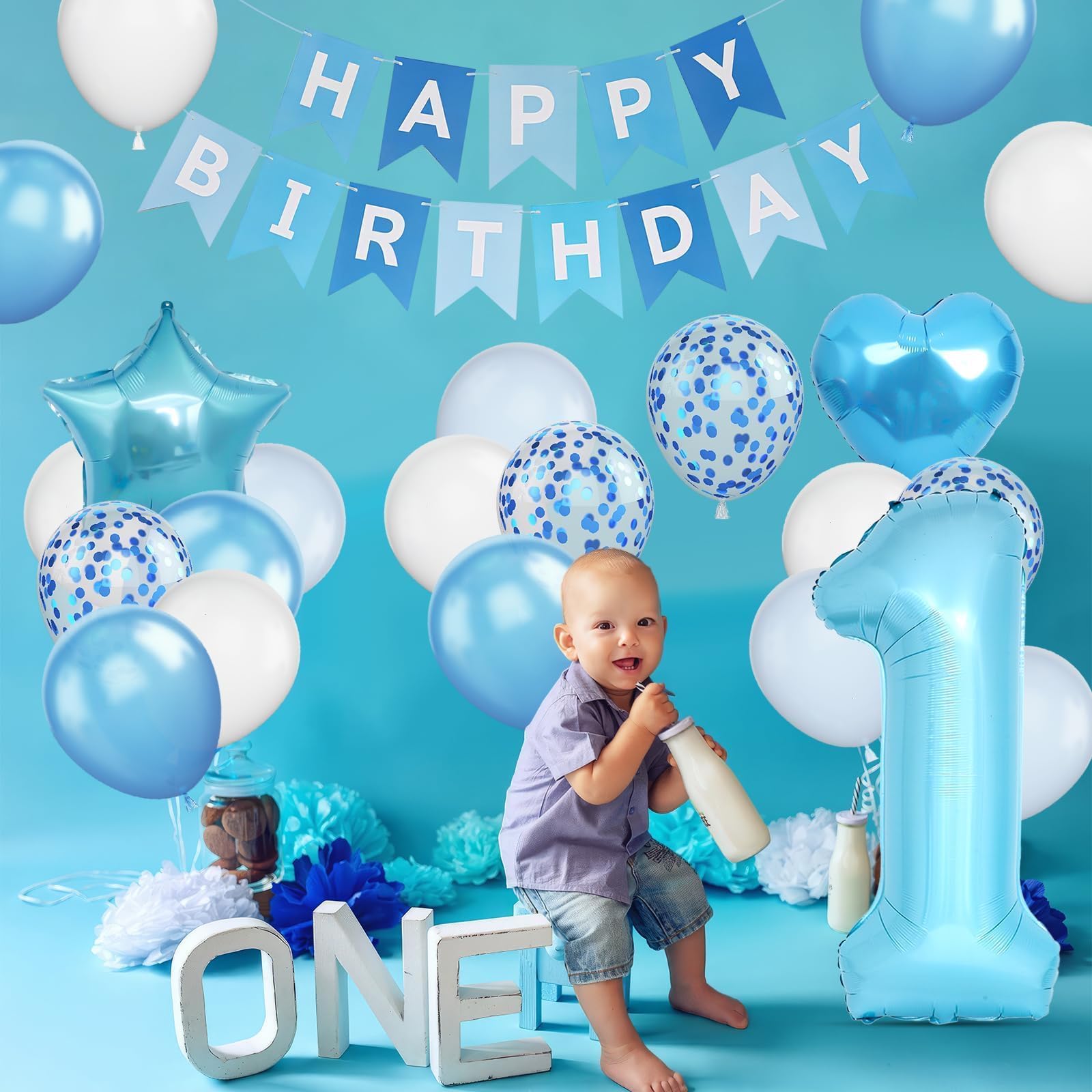 Amazon.co.jp: 1歳の誕生日デコレーション 男の子用 ブルーホワイト紙