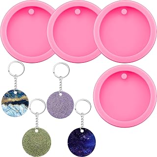 Boao 4PCS Silicone Round Keychain Molds - 5cm Circle Epoxy Resin DIY Clay Pendant Charms Kit with Key Rings