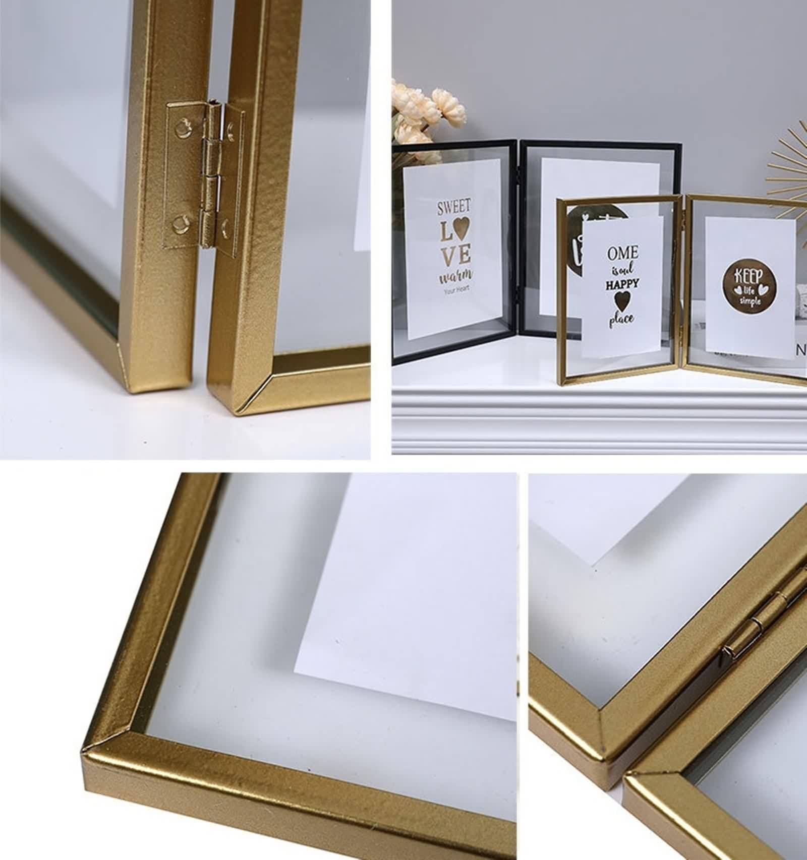 Fotorahmen 15X20, Picture Frame Gold Rechteck Doppelte Öffnungsfaltung Eisen Glas Vertikal für Tischplatte Schlafzimmer Dekoration