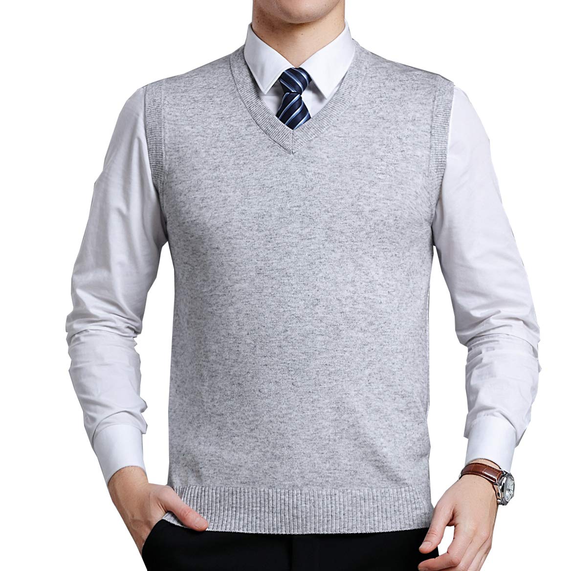 Biutimarden Men's Light Grey_1680 Moren Classic V-Neck Wool Sleeveless Jumper Vest Autumn Winter Warm Knitted Gilet Slipover Waistcoat Sweater Tank Tops (S, )