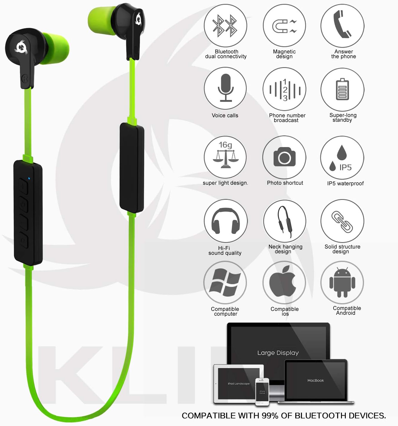 KLIM Pulse Bluetooth 4.1 Earphones - New 2020 Version - Wireless Earbuds – Noise Reduction – Perfect for Sport, Music, Phone Calls, Gaming, etc. Magnetic + New Shape Memory Tips - Green