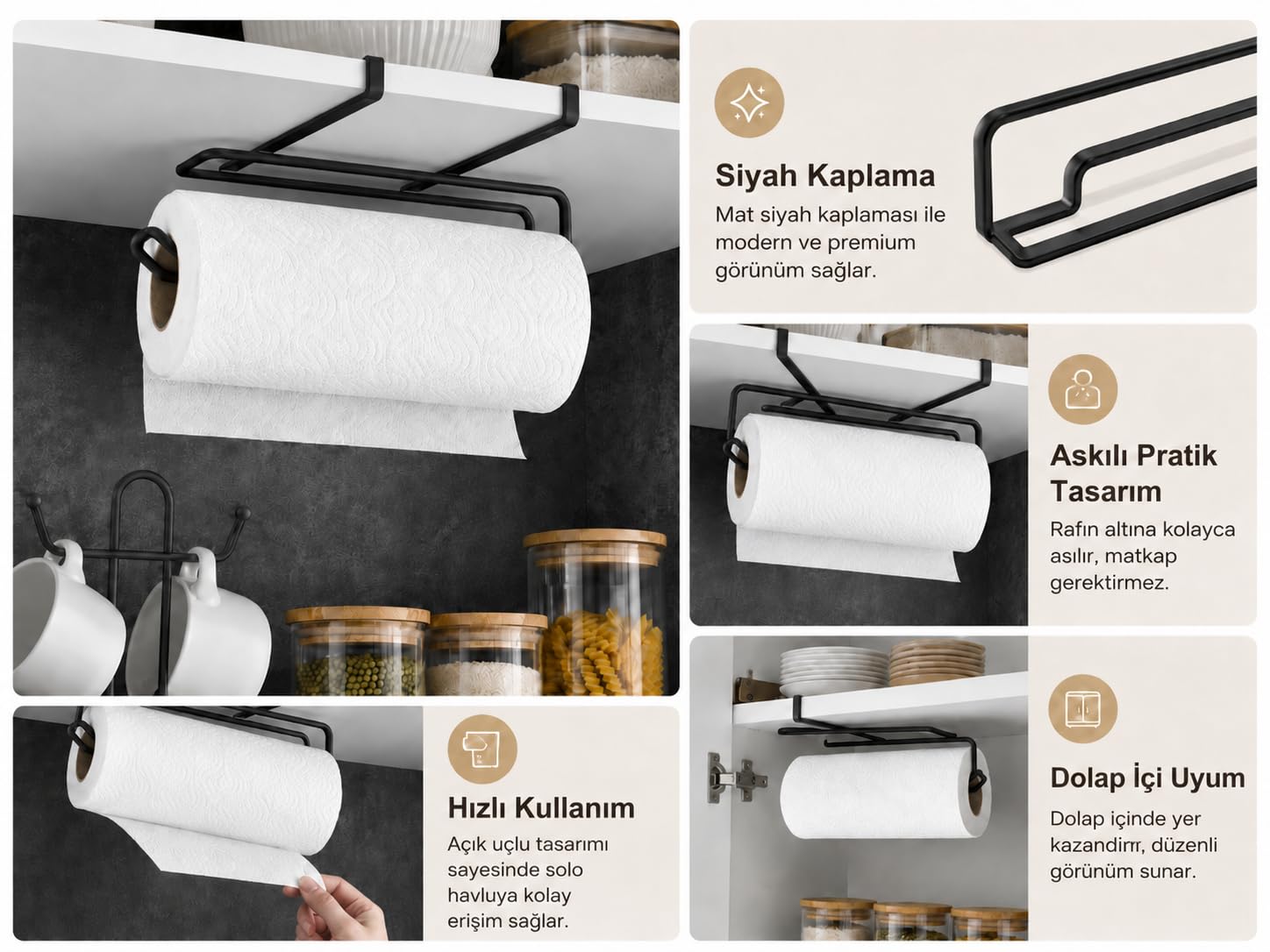 Alper Banyo Pratik Solo Havluluk Siyah, Dolap Altı Kağıt Havlu Tutucu, Delmeden Montajlı Mutfak Rulo Havluluk, Askılı Metal Düzenleyici
