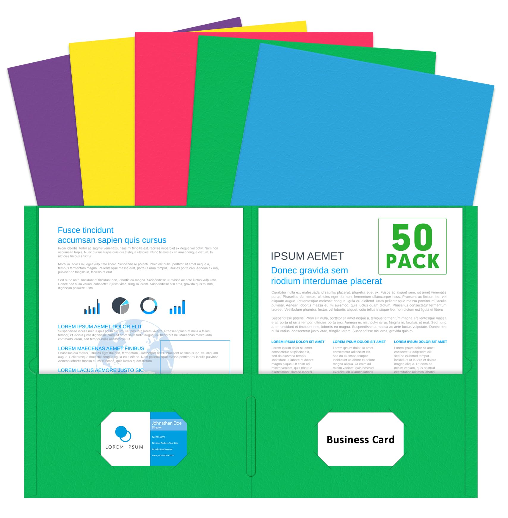 Two Pocket Folders, PANDRI 50 Pack 2 Pocket Folders, Letter Size Paper File Folder for School Office Home Business, Assorted 5 Colors