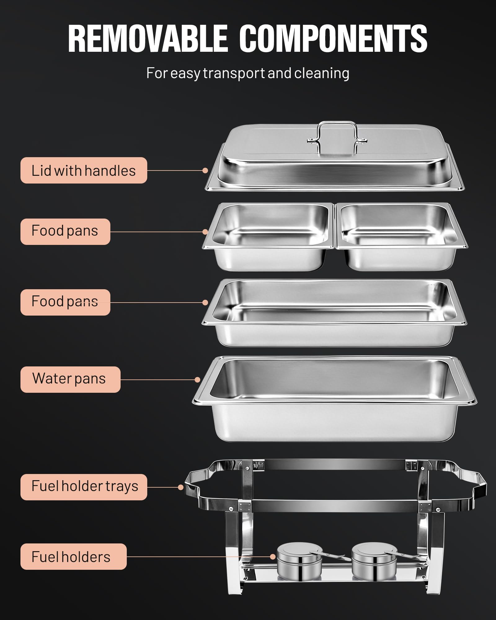 Chafing Dishes Buffet 2pcs, 9L, Scalda Vivande Portatile Rettangolare con Coperchio a Scomparsa [2 Vaschette Intere 4 Mezze Vaschette] Scaldavivande per Feste, Compleanni, Festività, Eventi in Chiesa