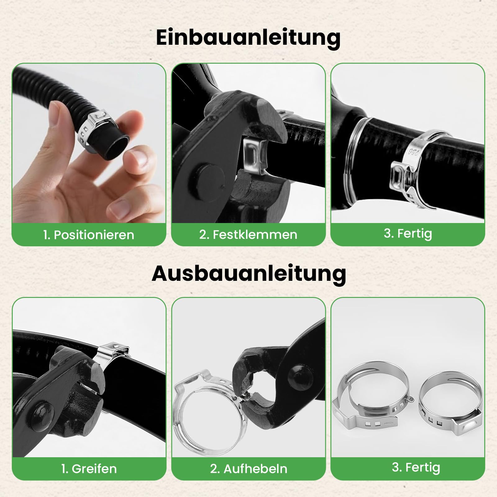 GEEKHOM 70 Stück Edelstahl Schlauchklemmen Einohr Schlauchschellen Set 304 Rostfrei 8 Größen 6,8–120mm mit Zange für Auto Industrie Schiffbau Rohre