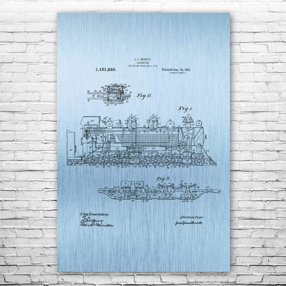 Steam Locomotive Poster Print, Railroad Engineer, Conductor Gift, Train Blueprint, Train Station Art, Steampunk Decor Blue Steel (24 inch x 36 inch)
