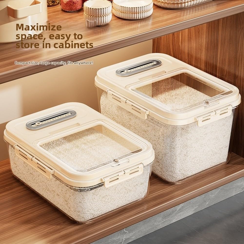 Dispensador de arroz PET beige con taza integrada, tarro de almacenamiento de cereales a prueba de humedad con diseño resistente a plagas, 36 x 25,5 x 20,6 cm (8500-2 tamaño pequeño 10)