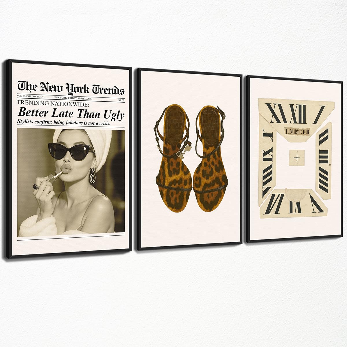 XMJJQQ Fashion Newspaper Better Late Than Ugly Canvas Wall Art, Cheetah Print Girl Shoes Poster, Chic Fashion Club Clock Picture Print, Set of 3 Trendy Girly Bedroom Wall Decor 12x16in Unframed