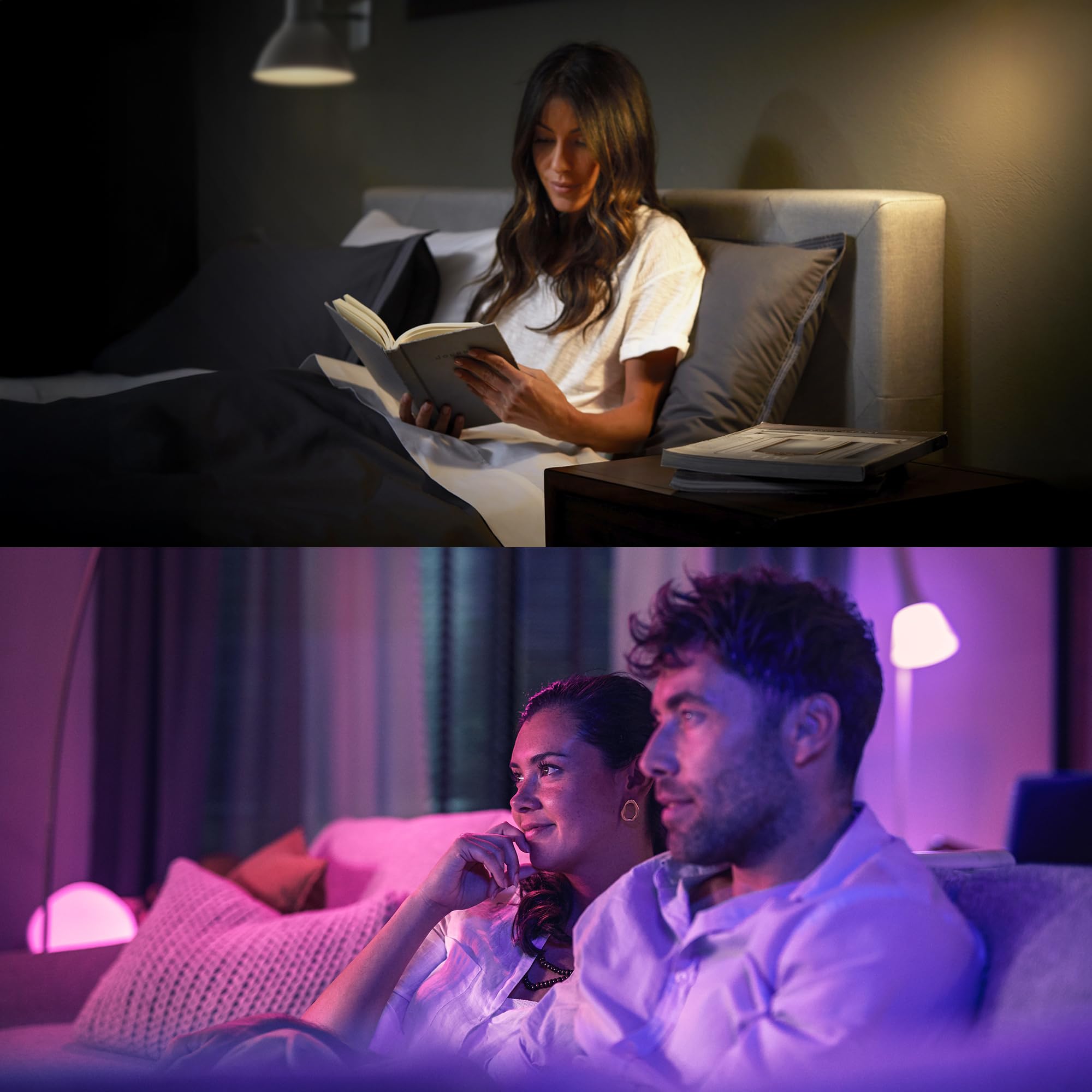 Philips Hue Kit de inicio de iluminación inteligente, paquete de 3 bombillas más puente, ambiente blanco y color, bombillas E27, 806 lúmenes, 60 W, con puente, control de aplicación, funciona con