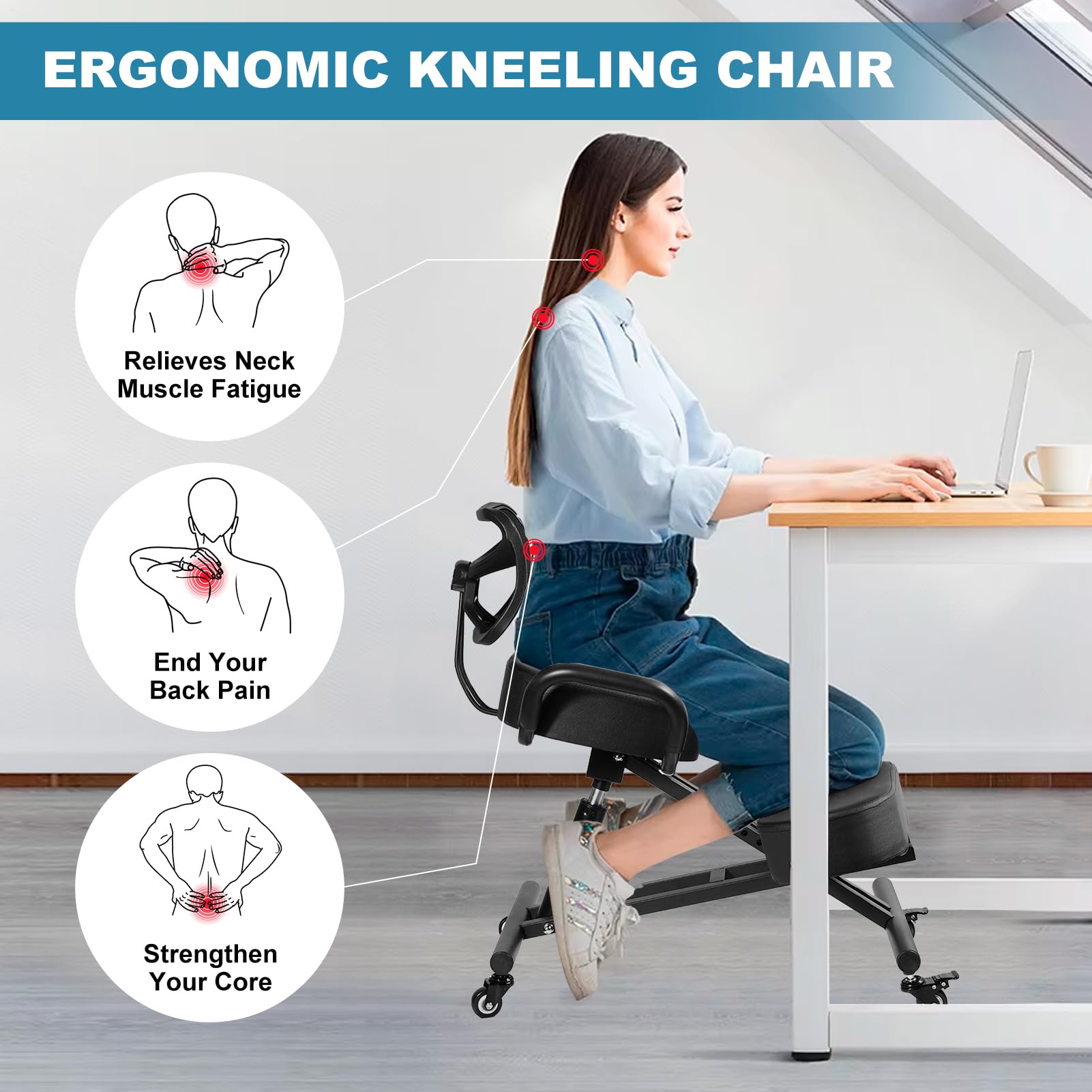 Chaise À Genoux, Chaise Ergonomique avec Support pour Les Genoux Et Le Dos, Chaises De Bureau Ergonomique, Inclinaison Réglable Entre Le Siège Et Les Genouxs, pour Le Bureau À Domicile, Less Études