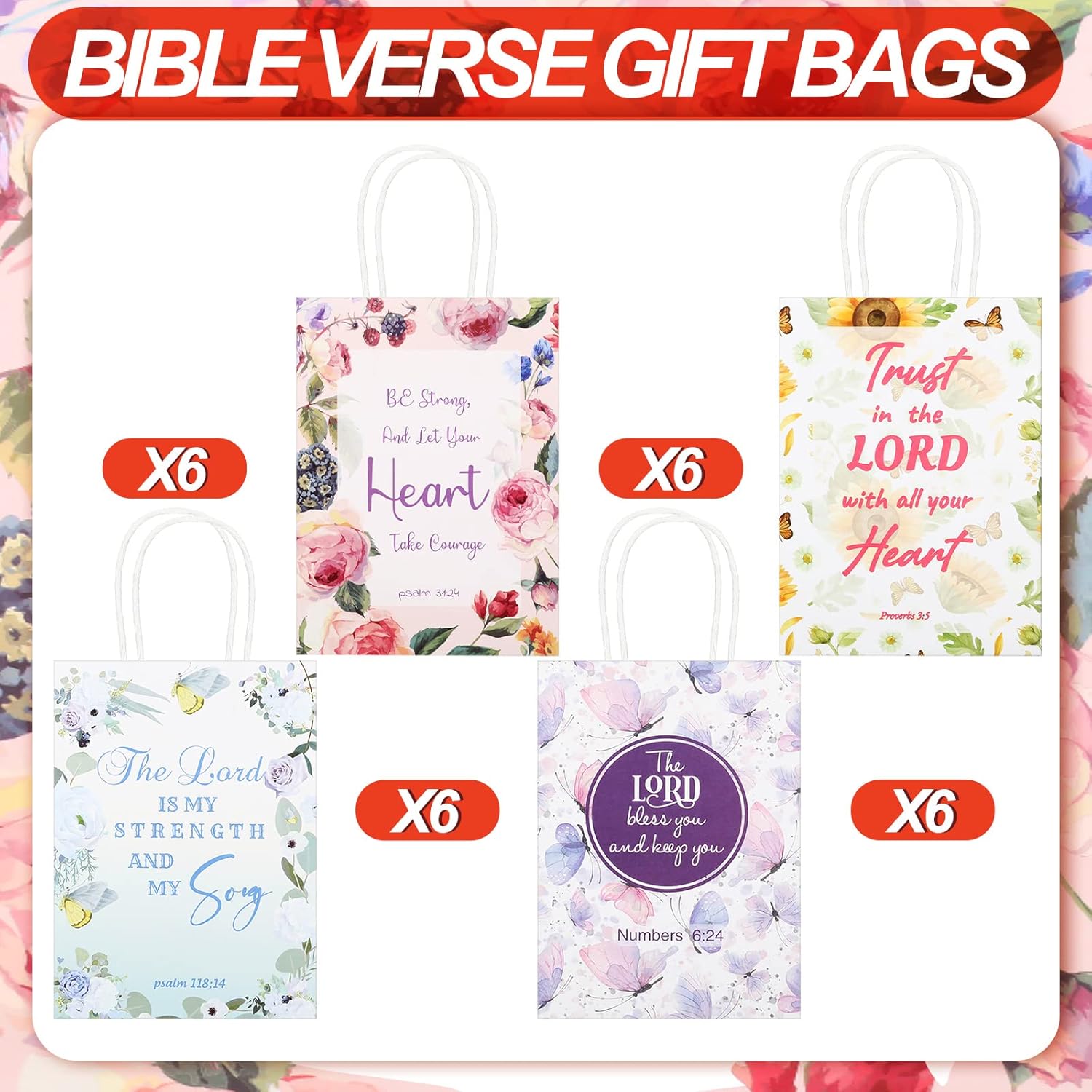 24 Pcs Valentine's Day Gift Bags with Tissues Bible Verse Butterflies Paper Party Favor Small Sunflower Goodie Wrapping Bags with Handles Cute Christian Gifts for Mother Women Wedding Birthday Party - Image 3