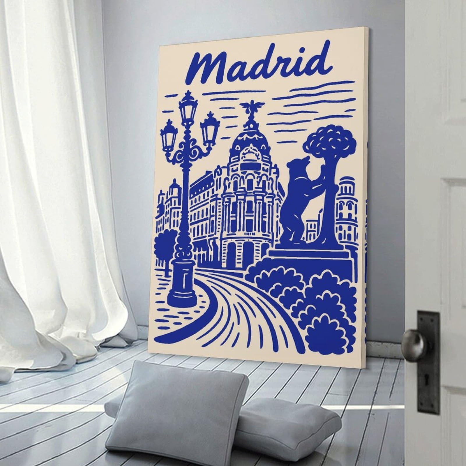 Junmoney Canvas Wall Art Madrid Illustration with Bear And Tree, 24x36inch(60x90cm), for Bedroom, Guest Room Or Reading Nook, Canvas Wall Decor for Personal Spaces