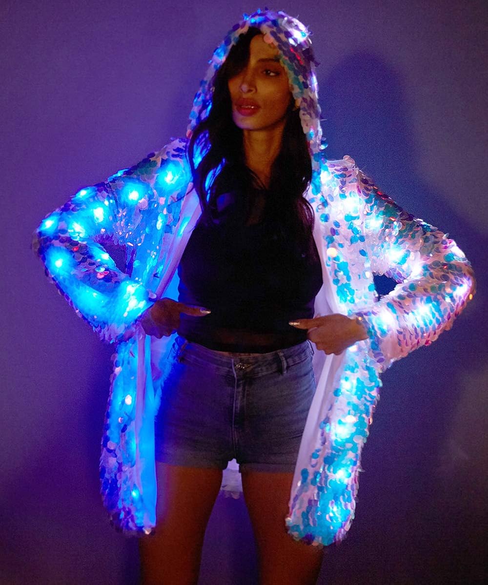 Womens Girls 15 Color LED Sequin Super Flash Jacket Light UP Rave Creative Outer Coat Stage Costume Xmas Party Fancy Dress : Clothing, Shoes & Jewelry