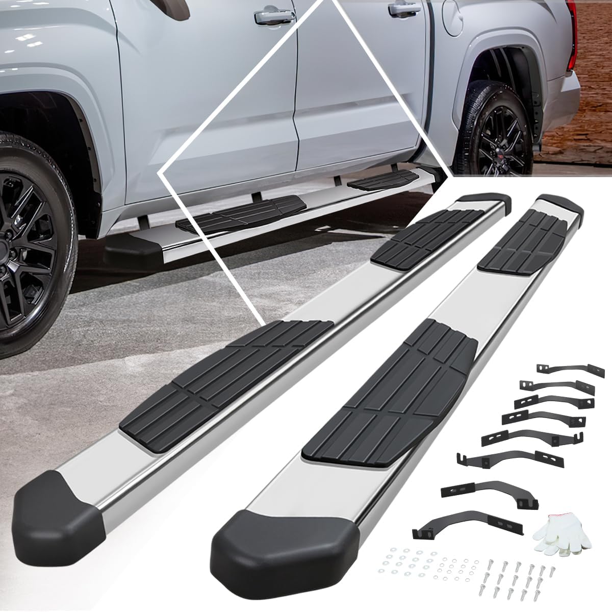 [Pair] 6 Inch Chrome Stainless Running Boards Side Steps Nerf Bars Compatible with 22-24 Tundra Crew Cab 4-Door