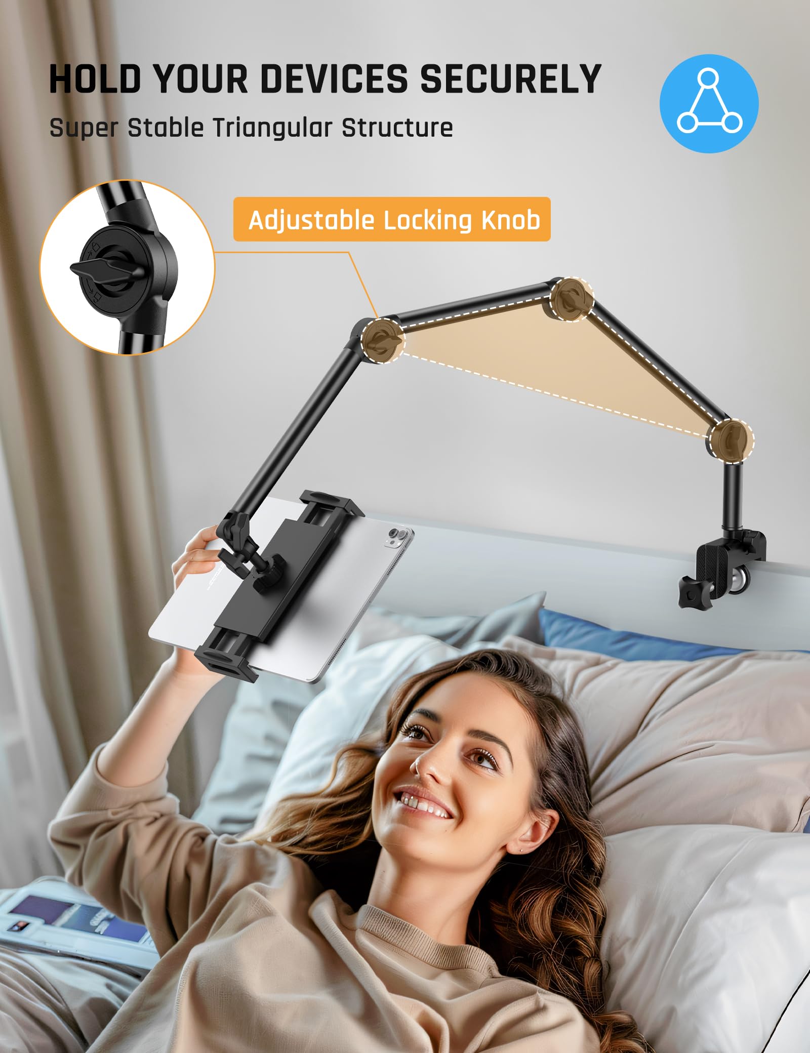Jumkeet Support Tablette pour Lit, Support Réglable Rotatif à 360° avec Bras Stable, Bras Pliable pour iPhone Samsung Smartphone Series/iPad/Nintendo Switch/Kindle ou Autres appareils 4,7 à 12,9"
