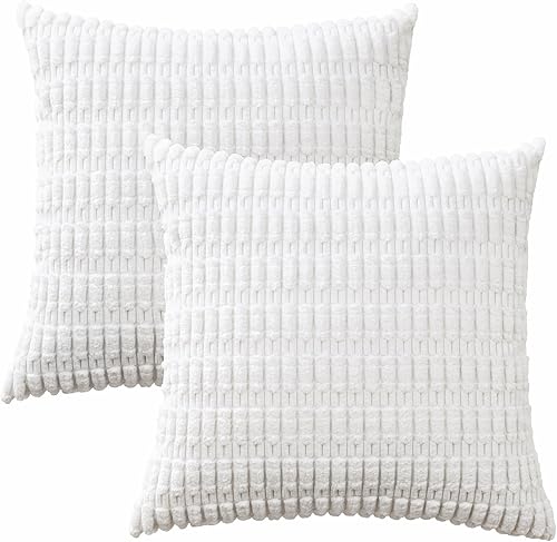 Miniatura 7 de Volcanics Paquete de 2 fundas de almohada decorativas de color blanco puro de 18 x 18 pulgadas, fundas de cojín cuadradas de pana suave a rayas,
