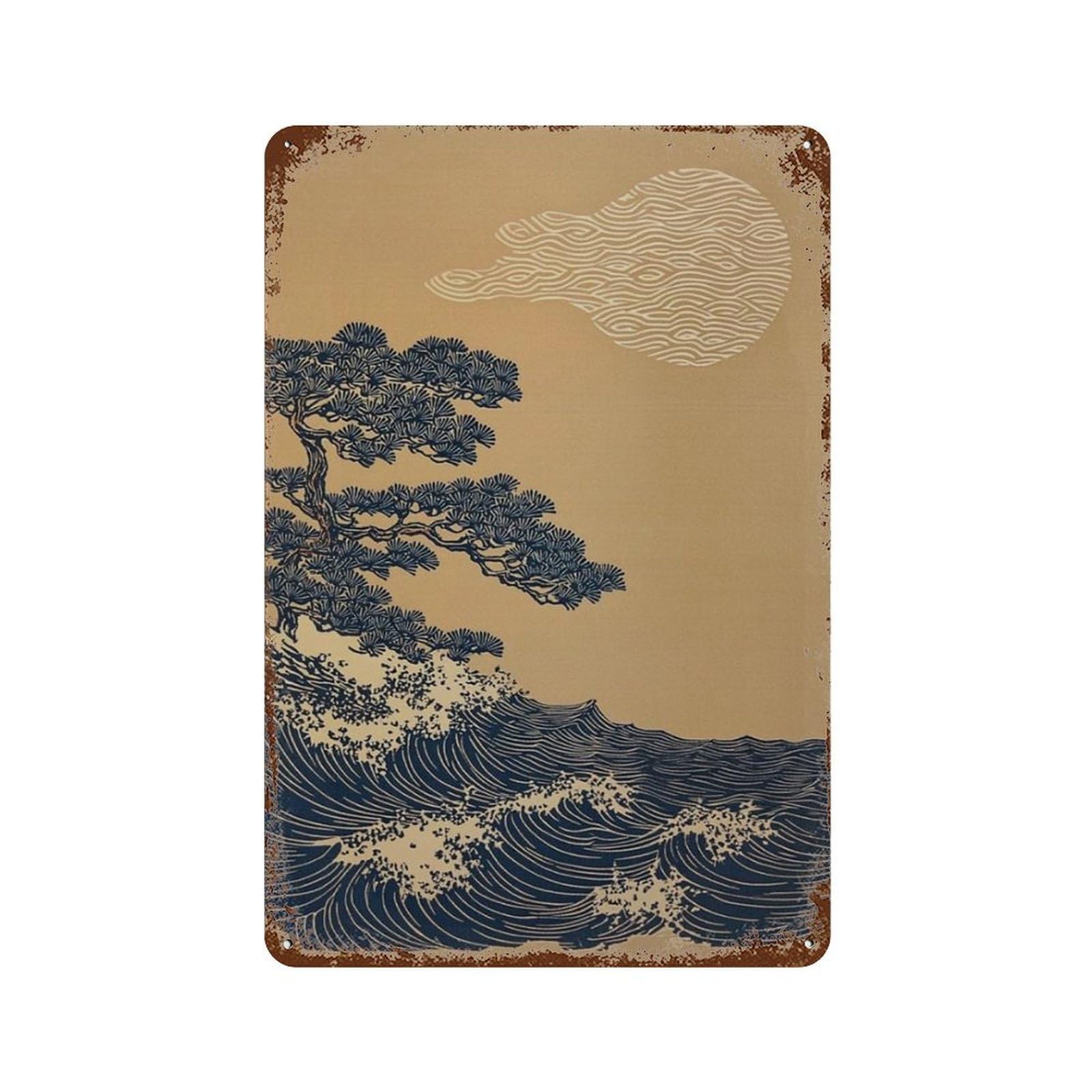 xiaoxiaoshen Japanese Coastal Pine Woodblock Style Ocean Minimalist Seascape Landscape Asian Wall Decor Art Metal Tin Poster Modern Home Decor Art Home Bar Shop Decorations Vintage Sign 30x20cm