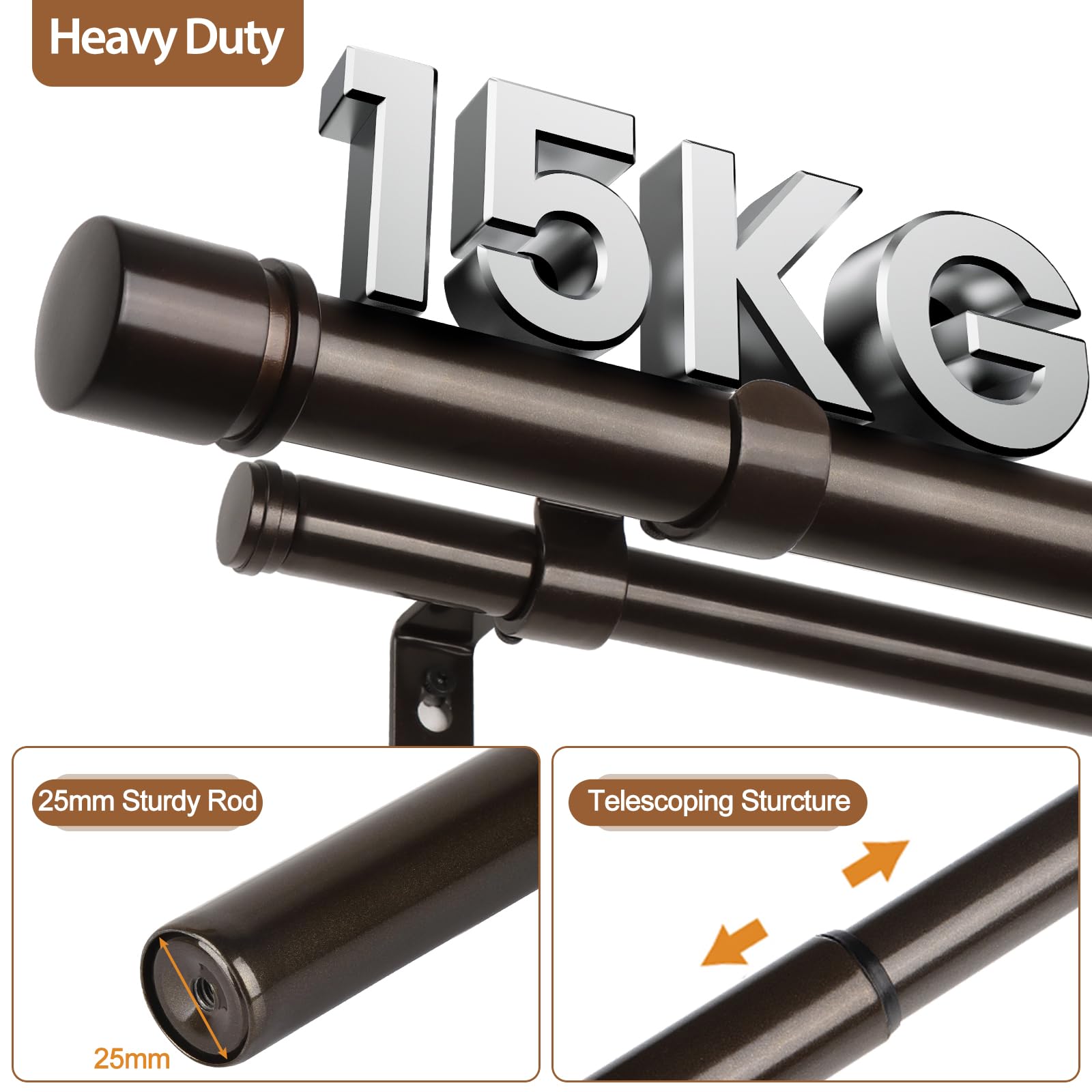 HOTOZON Barra de Cortina Doble 80-365 cm, 25 mm Diámetro Barra Cortinas Bronce Extensible con Remates Clásicos, Juego de Barra de Cortina Doble para Baño, Salón, Dormitorio