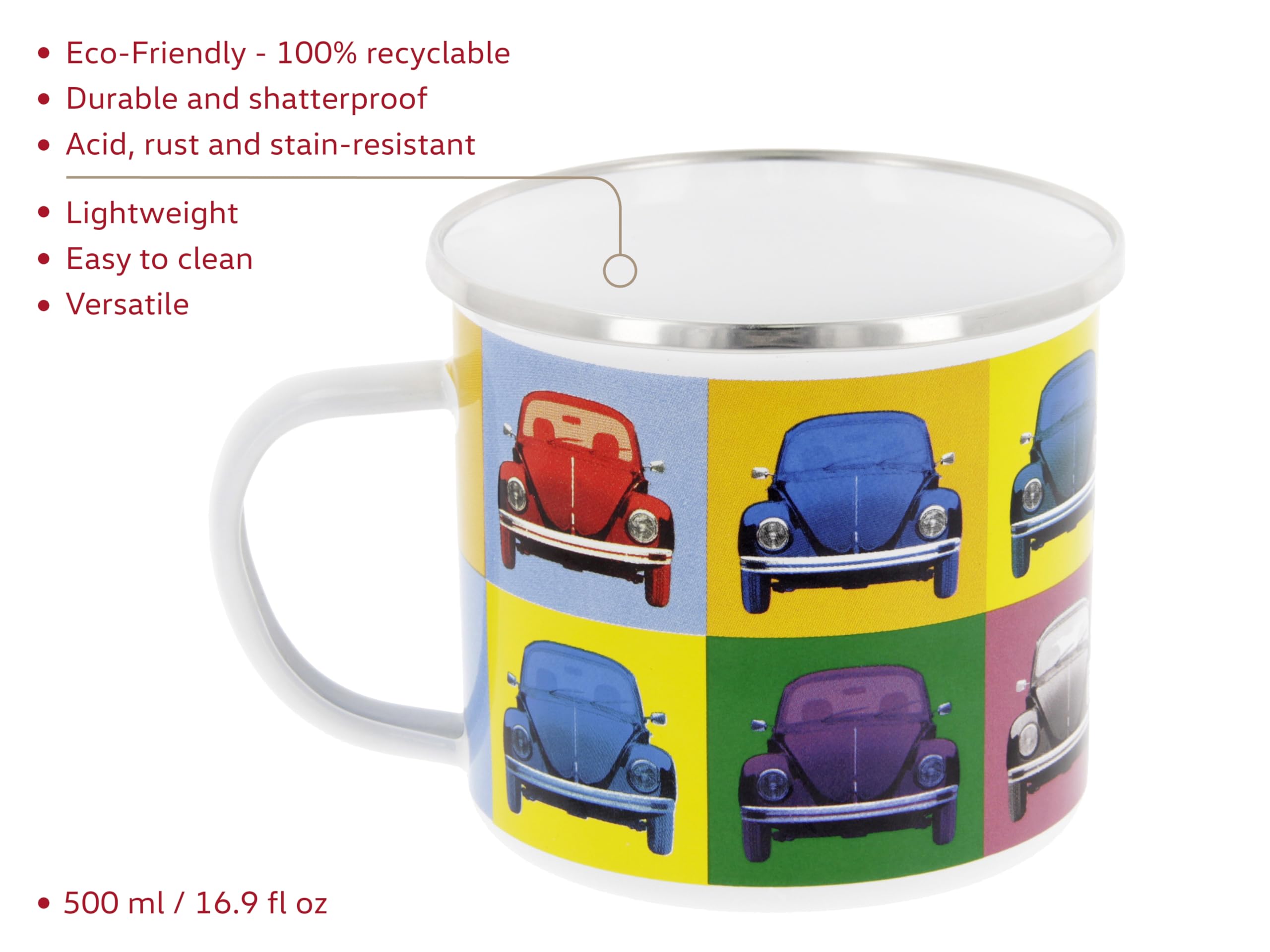 BRISA VW Collection – Volkswagen duży emaliowany kubek do kawy, herbaty, cappuccino, kubek owsiany, na kemping i do aktywności na świeżym powietrzu (500 ml/wielokolorowy/kolorowy)