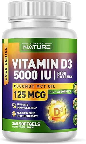 Built by Nature Suplemento de vitamina D  Vitamina D3 5000 UI con aceite de coco MCT  Fácil de tragar VIT D Mini Geles blandos  1 año de suministro