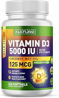 Built by Nature Vitamin D Supplement - Vitamin D3 5000 IU with Coconut MCT Oil – Easy to Swallow VIT D Mini Soft Gels - 1 Year Supply – 360 Softgels
