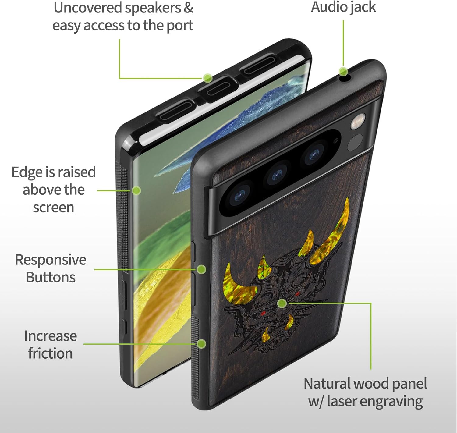 Carveit Designer Wooden Case for Google Pixel 8 Pro Case Cover [Wood Engraving & Shell Inlay] Compatible with Wireless Chargers Pixel 8 Pro (Japanese Oni Mask-Blackwood)