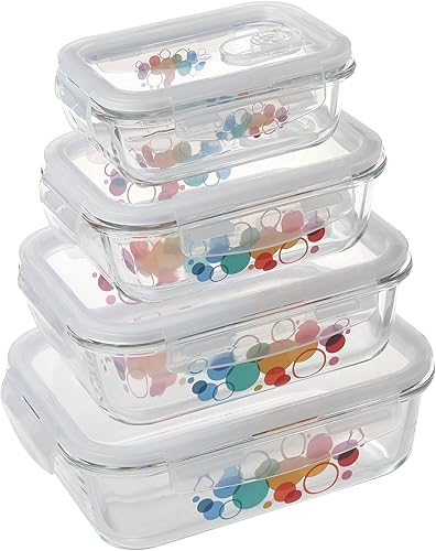 Venty - Juego de 4 recipientes de vidrio para hornear y almacenamiento con tapas de válvula de liberación de vapor, calcomanías circulares