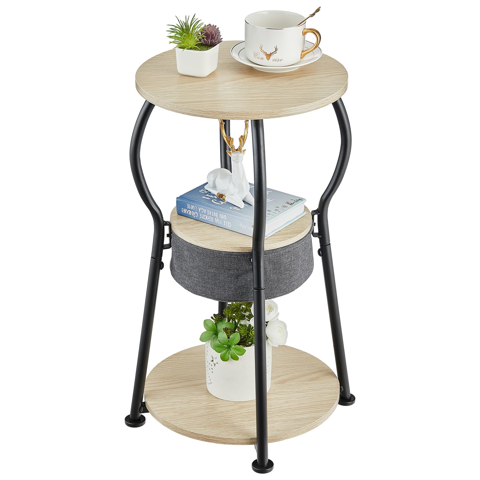 ZEXVIDA Runder Beistelltisch Vintage, 3-stufiger Industrieller Runder Beistelltisch mit Stauraum, Nachttisch Kleiner Tisch Sofatisch für Wohnzimmer Schlafzimmer Balkon (Eiche, 30W*55H cm)