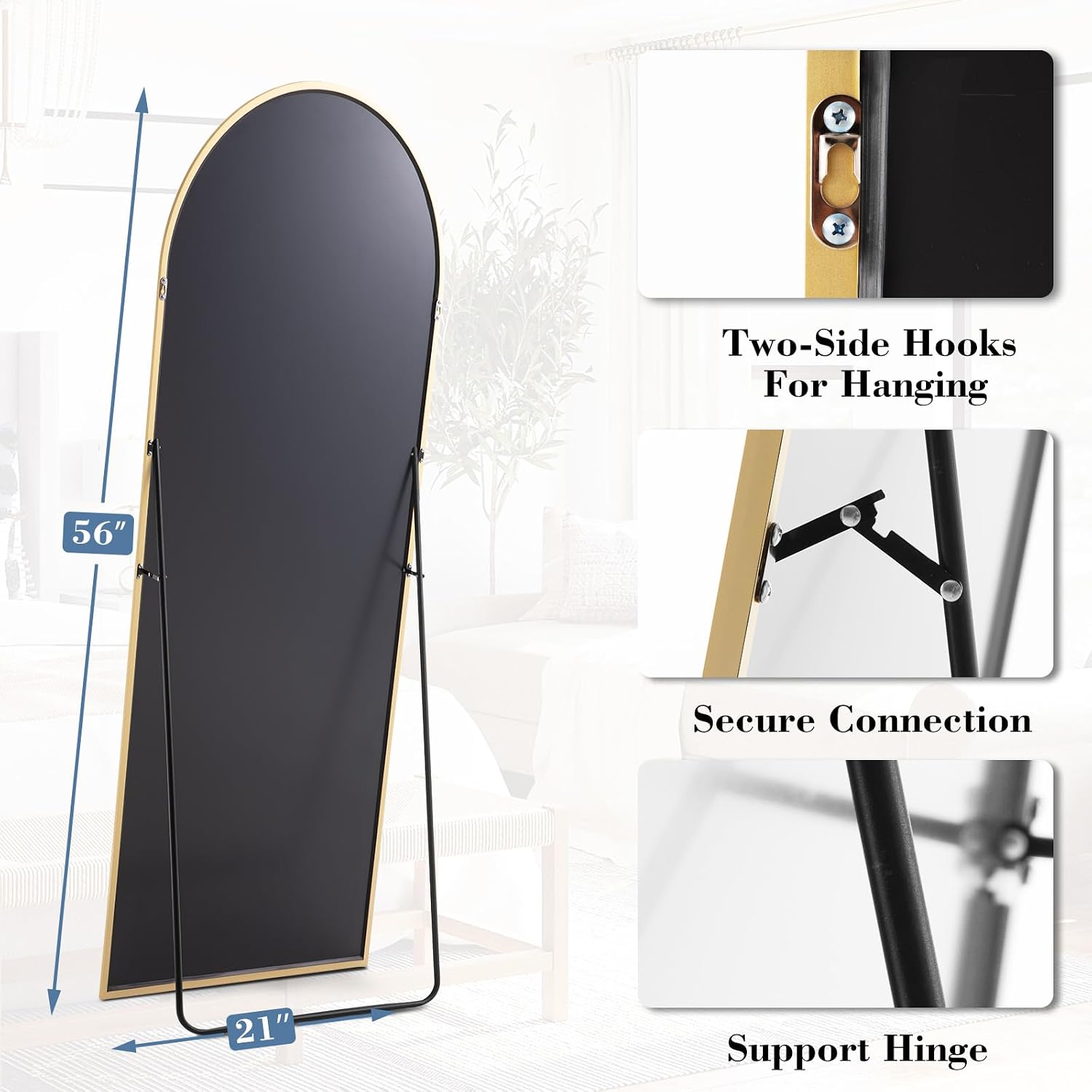 DUMOS Arched Full Length Mirror, 56"x15" Full Body Floor Standing Mirror with Aluminum Frame and Shatter Proorf Nano Glass, Modern Wall Hanging Leaning for Living Room, Home Decor, Gold thumbnail