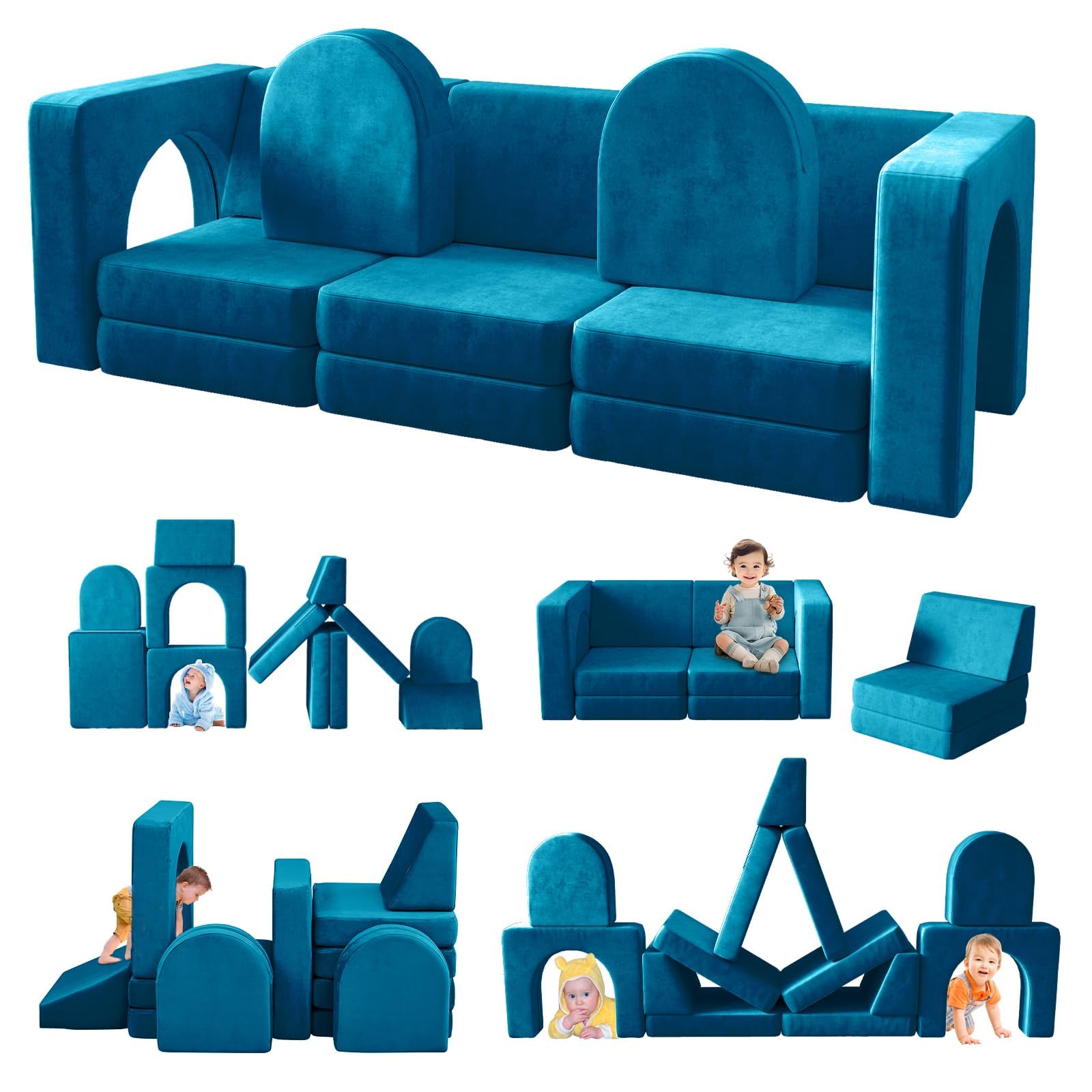 Spielsofa für Kinder 13-teilig, Modulares Kindersofa für Spielzimmer, 13-in-1 Multifunktionssofa zum Spielen, Kreativsein und Schlafen, Indoor-Kindercouch für Jungen und Mädchen