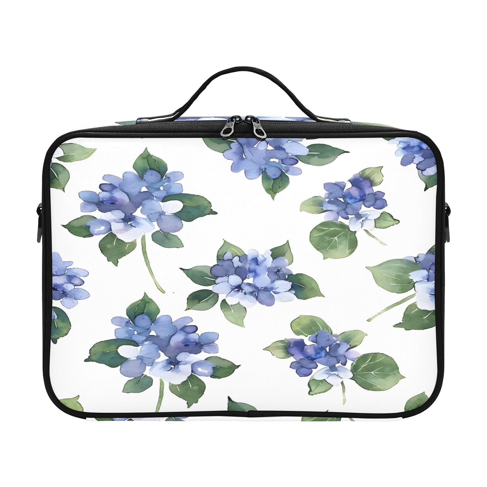 zyrtty Travel Makeup Train Case Watercolor Blue Hydrangeas Pattern Cosmetic Organizer Portable Storage Bag with Adjustable Dividers for Cosmetics Brushes Toiletry Jewelry Digital Accessories