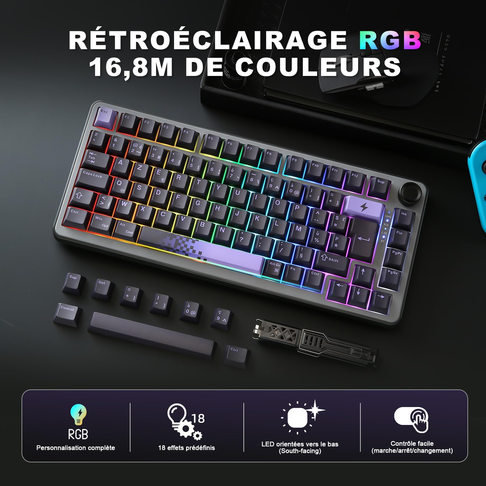 YUNZII B75 Pro ISO FR & DE Clavier Gamer sans Fil (Noir Violet, Milk V2) | AZERTY Français & QWERTZ 75% Disposition avec Bouton, 2.4 Ghz/Bluetooth/Filaire Gasket Mounted, Hotswap, RGB, Windows/Mac