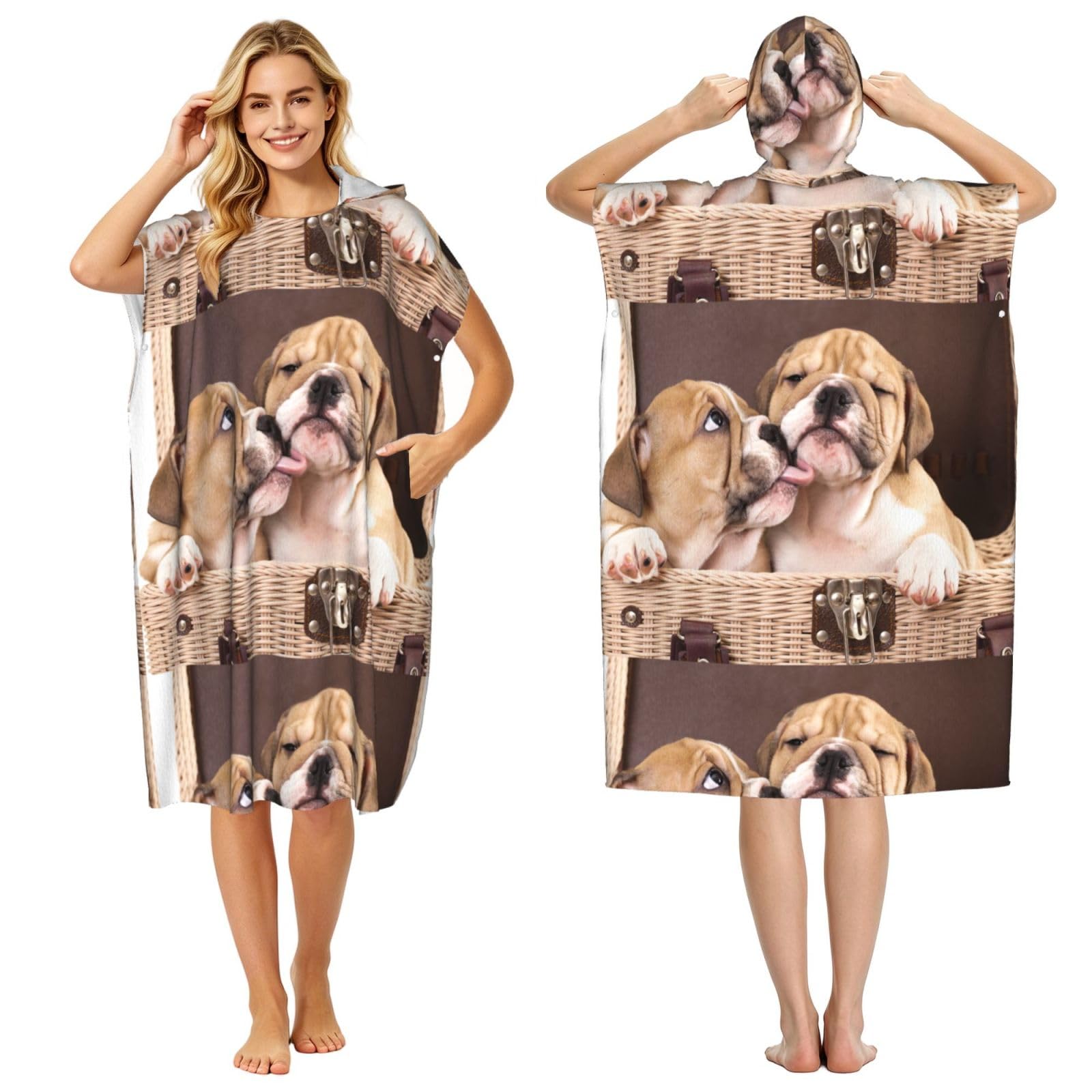 Poadnly Kiss English Bulldog Puppies, Adult Hooded Beach Towel 90 x 110 cm,Changing Bath Robe, Surf Poncho Towel For Women Men