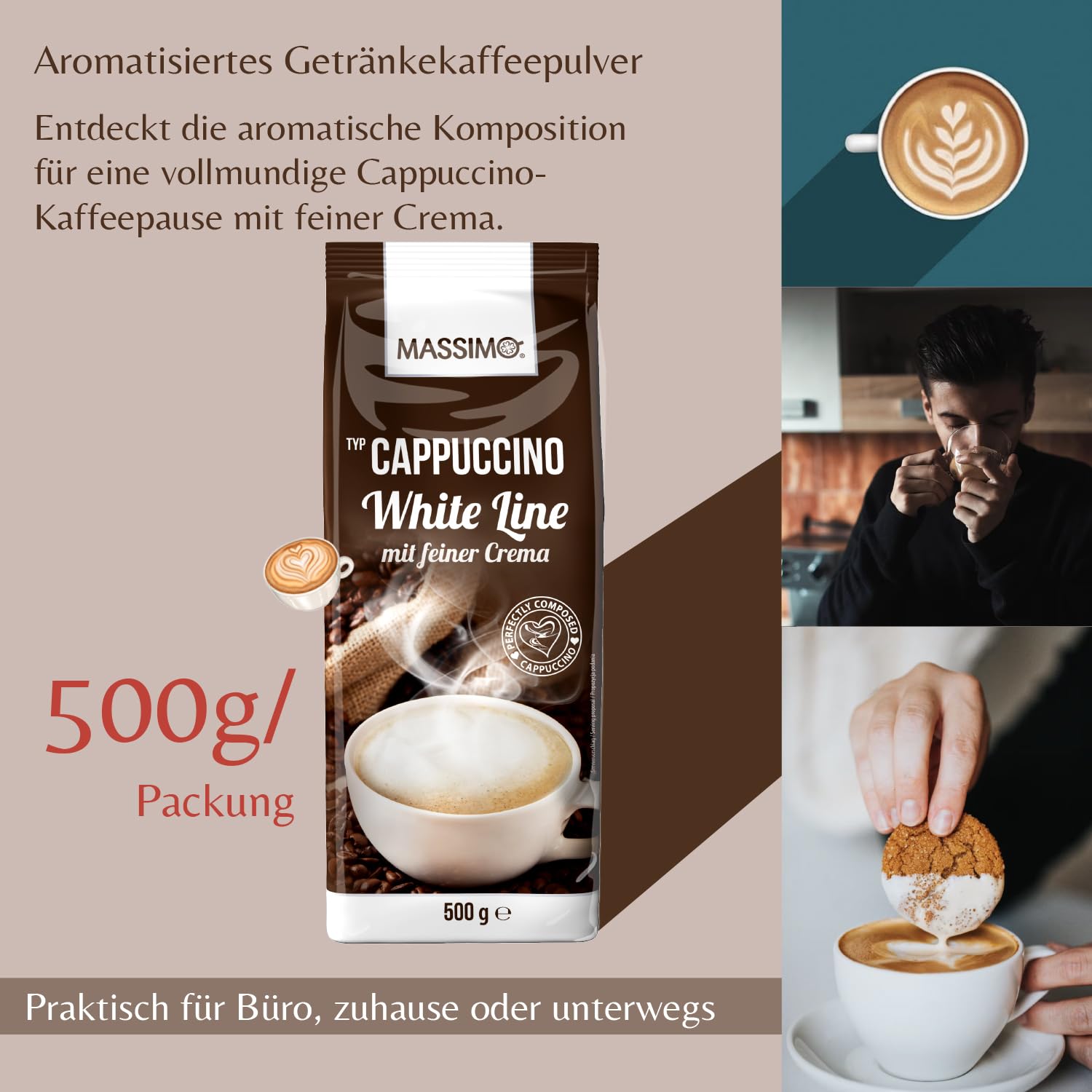 Massimo Cappuccino White Line 10 x 500 g z delikatną kremową – ekonomiczne opakowanie/aromatyzowany proszek do napojów z rozpuszczalnym cappuccino w proszku, wyjątkowo mleczny i kremowy