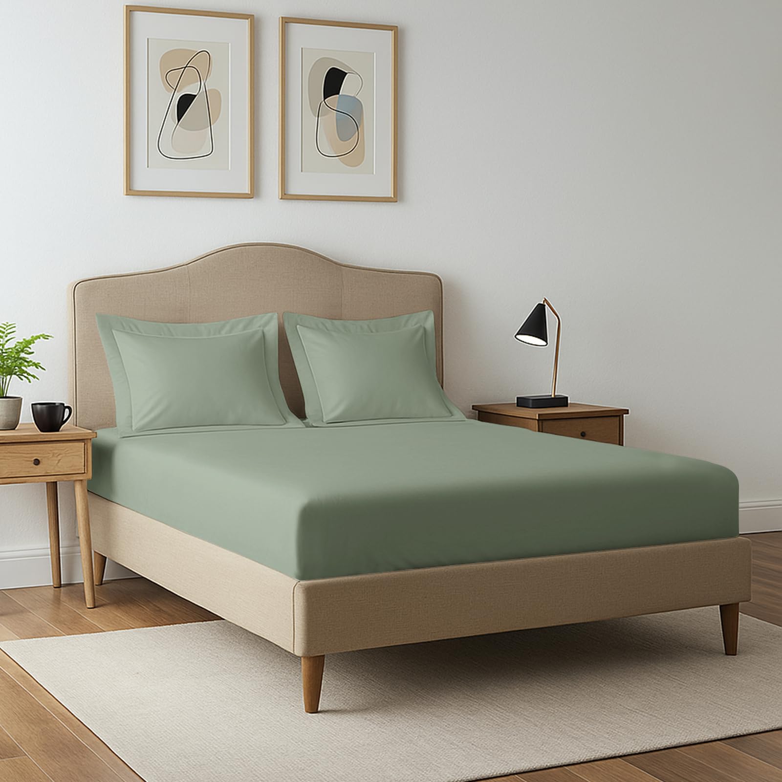 Pizuna Sea Foam 400 Thread Count Super King Fitted Sheet 180X200 Cm With 2 Pillow Cases, Seafoam Sage, 100% Long Staple Cotton, Soft Sateen Weave, Fitted Bed Sheets With 40 Cm Deep Pocket