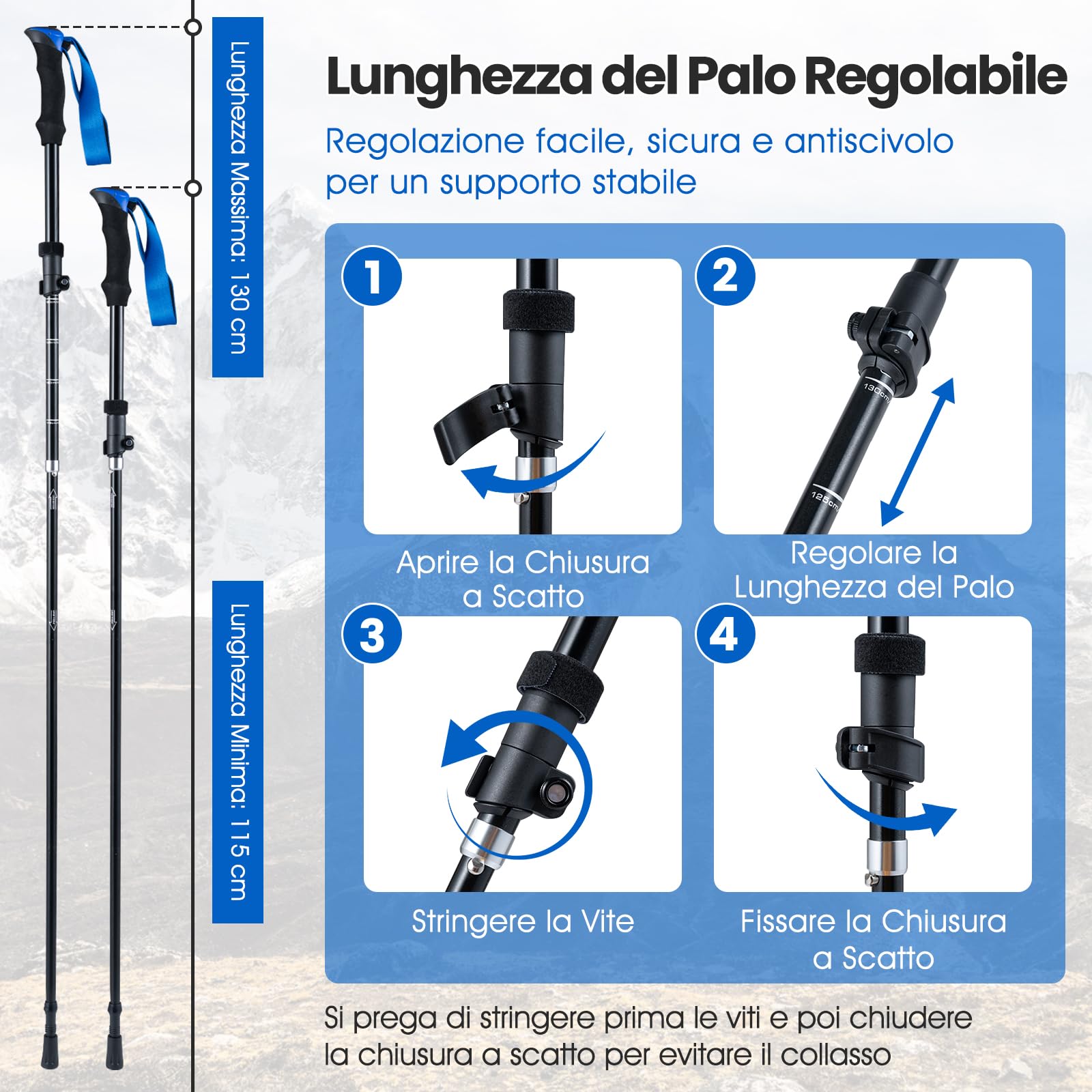 COSTWAY Bastoncini da Trekking Pieghevoli, Bastoni da Passeggio Tri-fold Leggeri per Uomo e Donna con Blocco a Scatto, Impugnatura in Schiuma EVA, Cinturino Regolabile