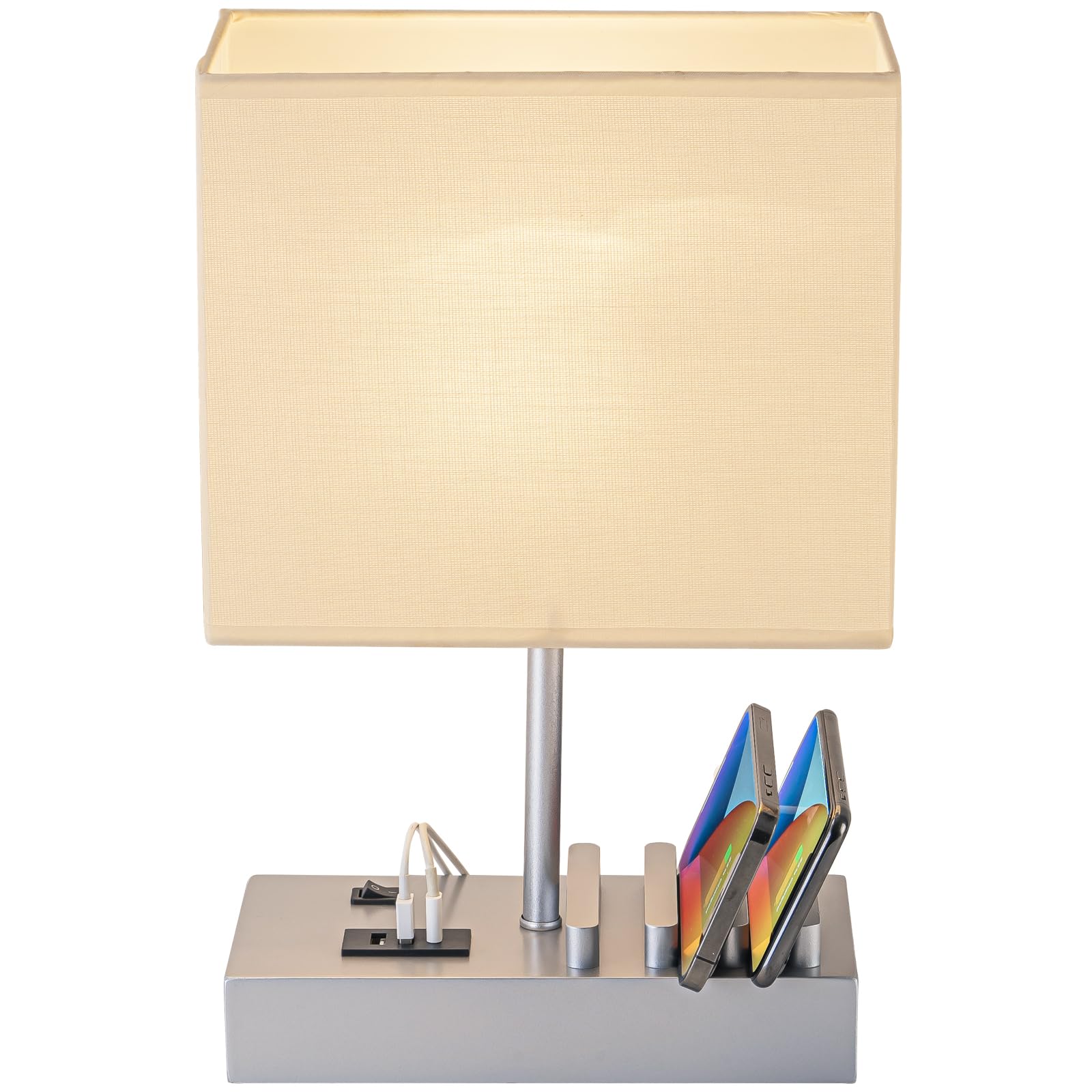 Briever Lampada da comodino USB, lampada da scrivania con 3 porte di ricarica USB e dock di ricarica per telefono, stazione di ricarica e organizer in legno, luce perfetta per camera da letto