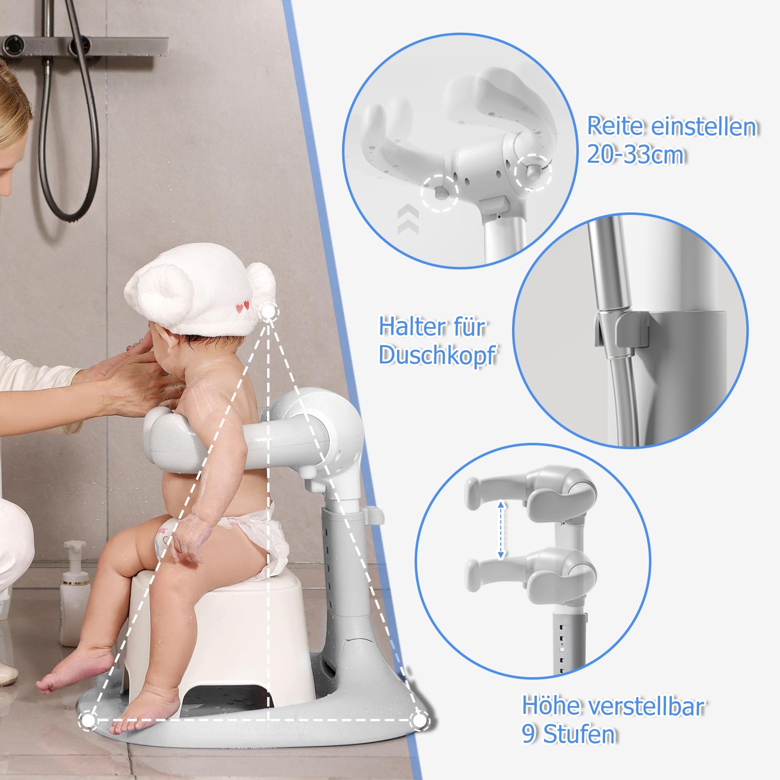 Support de Douche Bébé Debout- Support pour Bébé Douche,Support Anti Pincement, Petits Réglable avec Base Antidérapante et Poignée de Sécurité pour Enfants de 6 à 36 Mois