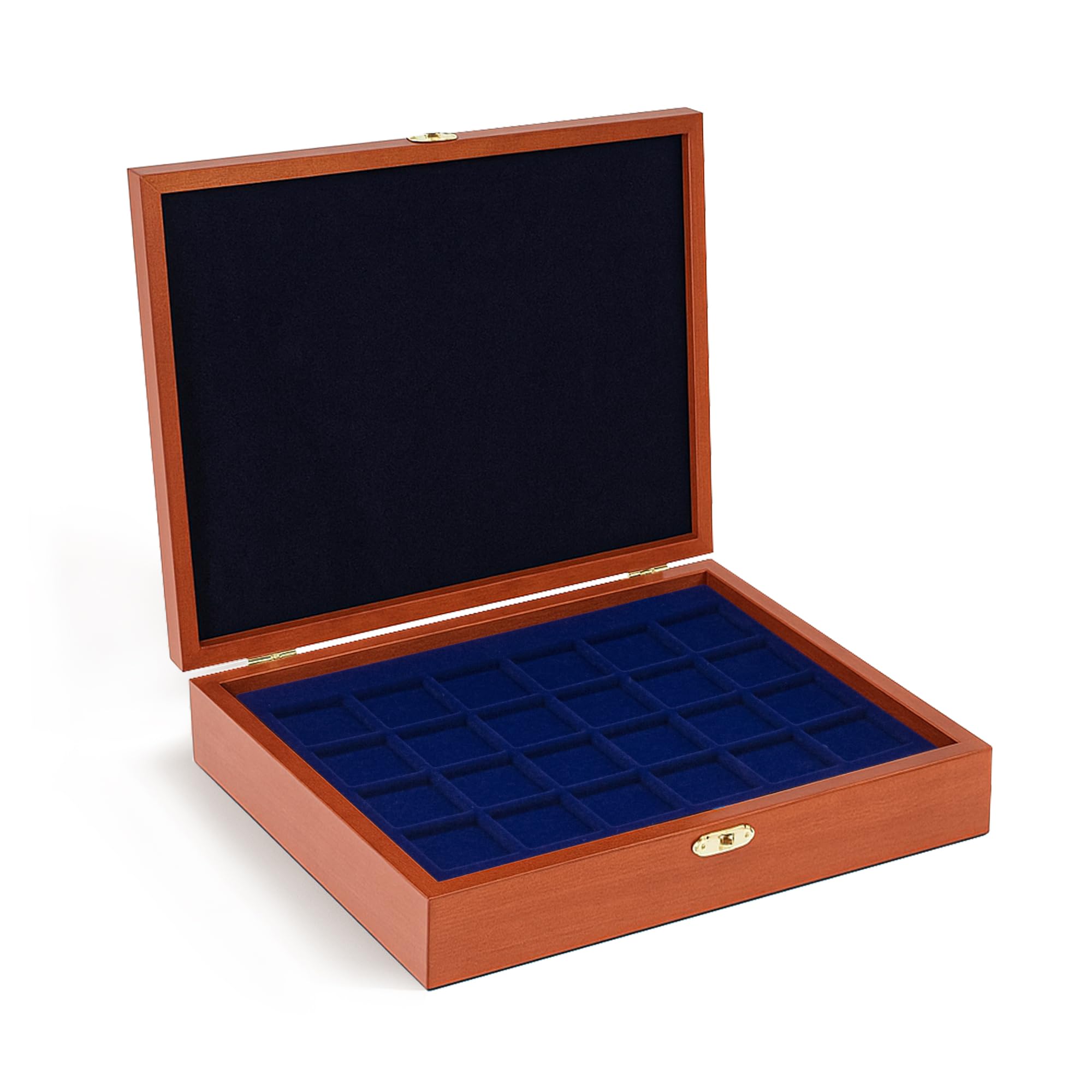Safe 5883 Coffret à Monnaie en Bois pour 79 pièces de 27-41 mm | Coussinet de Couvercle matelassé et 3 Plateaux Bleu Velours | Compartiments carrés | 255 x 210 x 40 mm