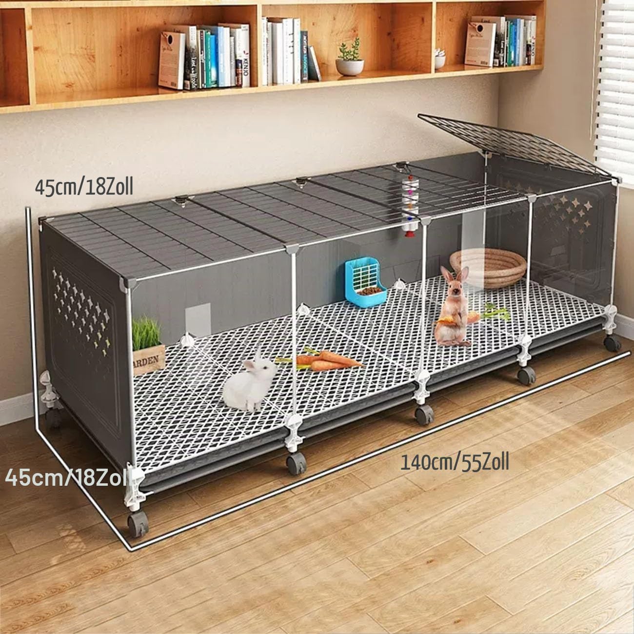 Kaninchenstall für Den Innenbereich, Meerschweinchen Gehege, Transparente Vorderseite, Kleintierhaus für Kaninchen und Meerschweinchen(Black,140cm)