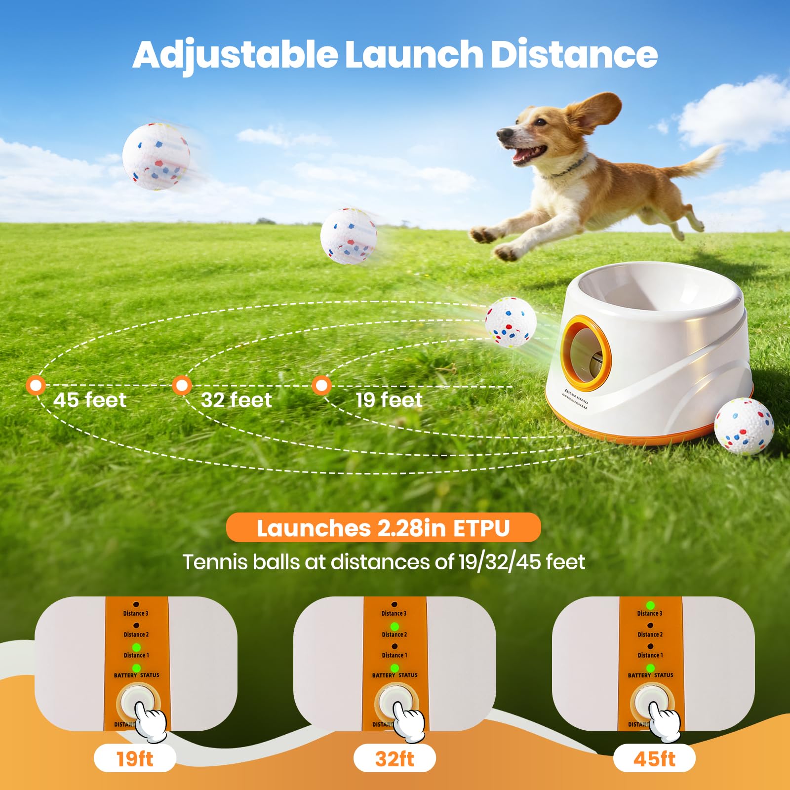 Lanceur balles automatique pour chien, Machine à lancer des balles avec 6 balles de tennis en E-TPU et 3 réglages de distance Jouet interactif pour chien (Distance de lancement : 6 à 14 mètres)