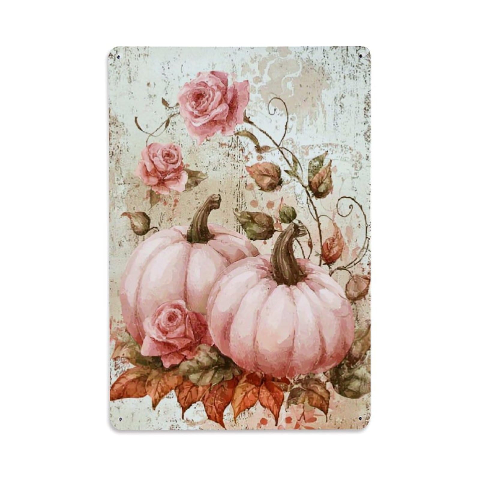 Jdfenggu Vintage Pink Pumpkins Roses Autumn Leaves Retro Metal Tin Sign, Decor Art Poster For Bar, Home, Man Cave, Kitchen, Laundry Room Gift 8X12inch